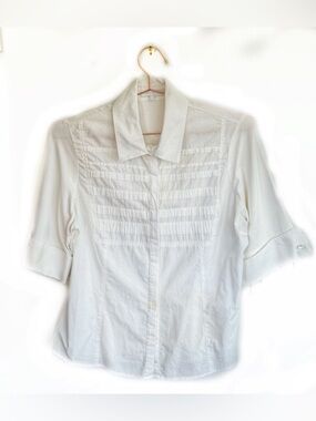 Anne Fontaine White Pintuck Button-Down Short Sleeve Shirt, 44, 12